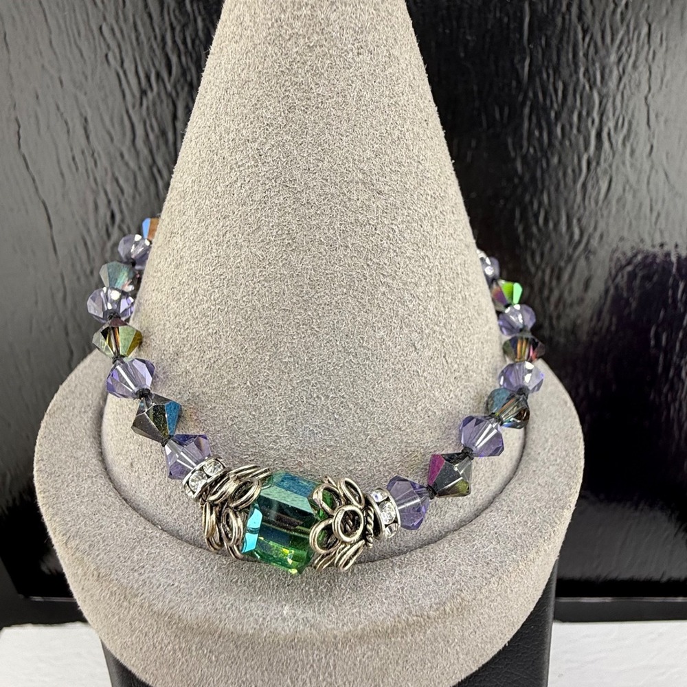 Beaded AB Bracelet Sterling Silver Purple Green Adjustable Signed LFK 7.5”